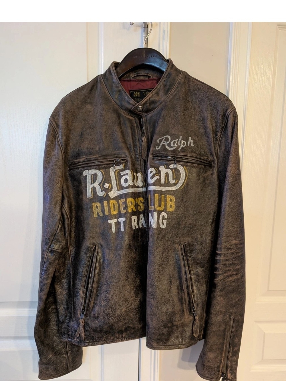 Ralph Lauren Vintage Men's Hand Painted Brown Distressed Leather Rider Jacket - Picture 2 of 16